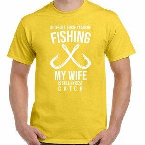 FISHING Yellow T-SHIRT Wife Best Catch Wedding Anniversary Marriage Married Fish